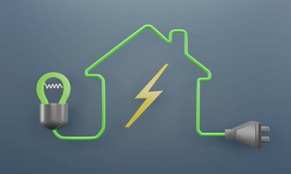 graphic showing the outline of a house, drawn with an electricity cord and light bulb. 