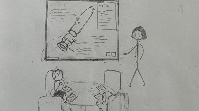 A drawing of a woman showing a group of kids a video about a spaceship.
