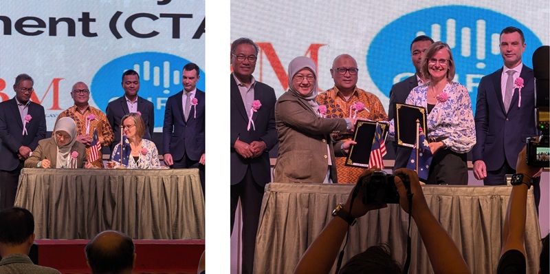 The signing of an agreement to work with Malaysian counterparts on vaccine manufacturing. Pictured seated and at standing in the front: (left) Prof Datuk Wira Dr Raha Abdul Rahim, FASc, CEO, NIBM (right) Professor Sussie Nilsson. Standing behind: (left to right) Yang Berbahagia atuk Md Zubir Ansori Bin Yahaya, Chairman of the Board of Trustees, NIBM, Yang Berbahagia YBhg. Dato' Ts. Dr. Hj. Aminuddin Bin Hassim, Secretary General, MOSTI, Yang Berbahagia Datuk Ts. Dr. Mohd Nor Azman Hassan, Deputy Secretary General, MOSTI, Mr Simon Fellows,Deputy High Commissioner of Australia to Malaysia