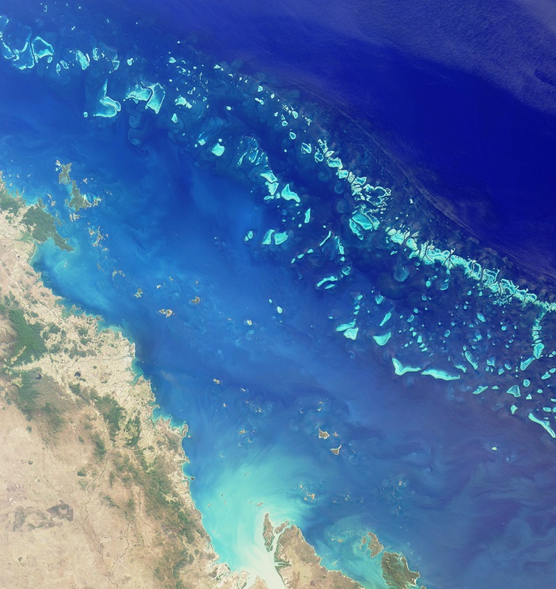 Satellite image of Queensland Coast and Pompey coral reefs.