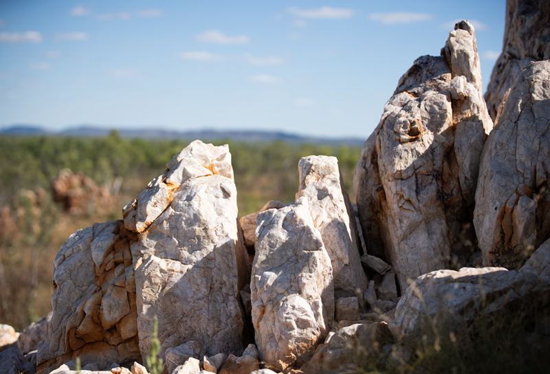 sunlit quartz outcrop with green bush background and blue sky