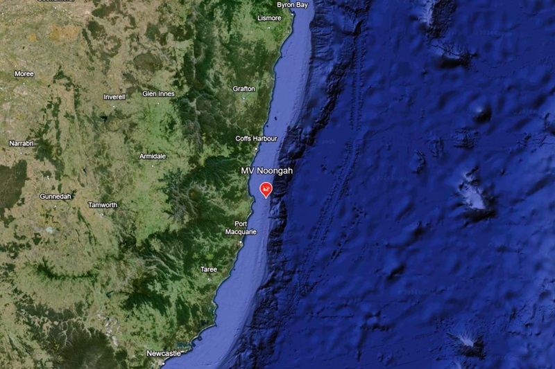 Satellite photo of the eastern coast with a red pin pointing to the location of the NV Noongah shipwreck near Port Macquarie.