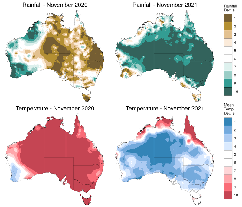 A heat map of Australia showing the rainfall and temperature differences between November 2020 and 2021.