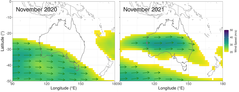 A map of jet stream signatures over Australia between November 2020 and 2021.