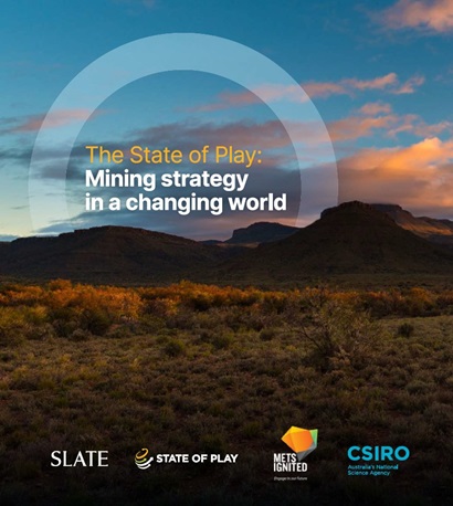 The cover page of the strategy document is a landscape with a blue sky at sunset. Includes Slate, State of Play, METS Ignited and CSIRO logos