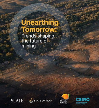 The cover page of the trends document is an aerial shot of brown and rugged landscape. Includes Slate, State of Play, METS Ignited and CSIRO logos