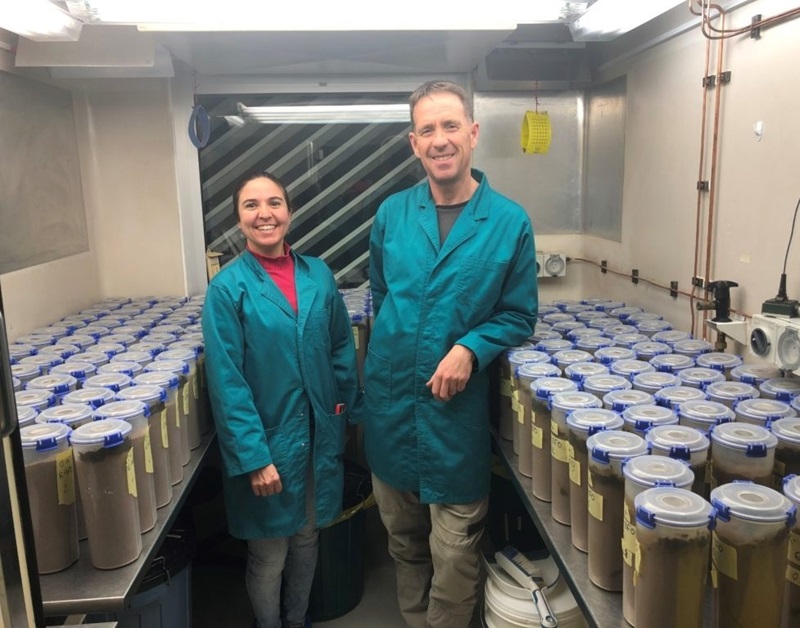 Patrick and Saleta in small laboratory with dung beetles in plastic containers in our quarantine facility