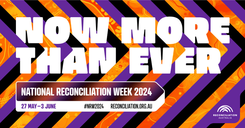 The National Reconciliation Week 2024 artwork features the words ‘Now More Than Ever’ in a thick, bold typeface set against purple and black chevrons and an orange background designed by Gubbi Gubbi, Kabi Kabi and South Sea Islander artist Maggie Douglas
