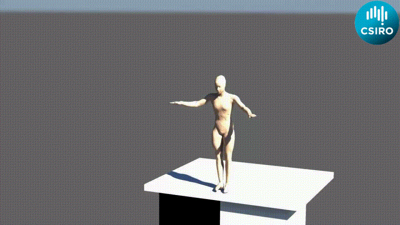A computer image of a digital twin of a person platform diving. 