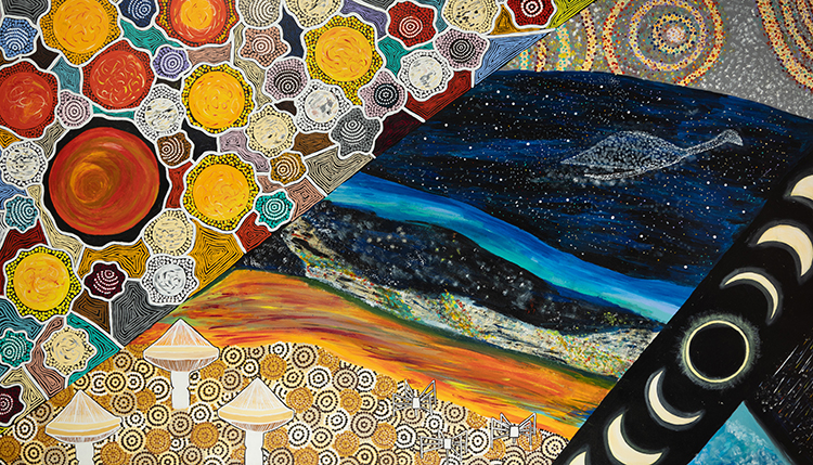 A colourful Wajarri Yamaji artwork with solid circular shapes in earth-tones surrounding by dotted circles in the top left, representations of tall white dish-shaped antennas and small spider-shaped metal antennas amongst spiral patterns at the bottom under layers of colourful stripes and a representation of the Emu in the Sky surrounded by stars. To the right is phases of a solar eclipse with totality in the centre. 