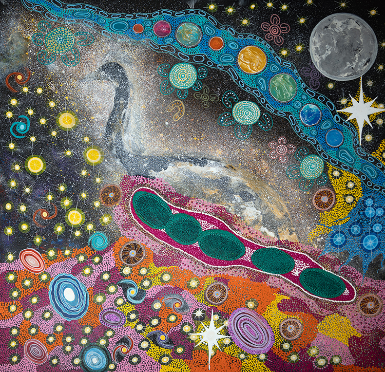 A large square-shaped brightly coloured Wajarri Yamaji painting. The Moon is depicted to the top right over a blue ribbon containing representations of the planets surrounded by stars and constellations, including the Seven Sisters and the Southern Cross, as well as the evening and morning stars. The Emu in the Sky is depicted in the haze of the Milky Way above Emu eggs and representations of galaxies and nebulae. 