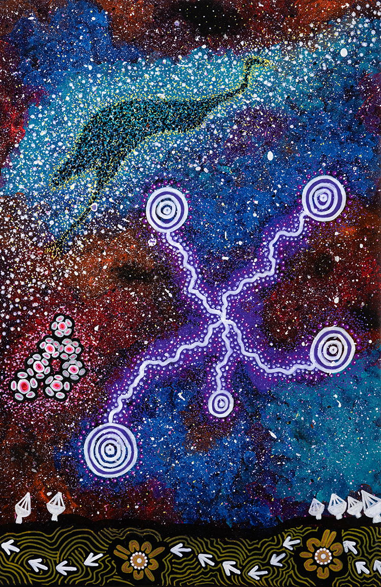 Dark portrait-format Wajarri Yamaji painting featuring the Southern Cross in white circular shapes connected by bright purple lightning-style lines. A dark emu in the sky is surrounded by dots representing stars in oranges and blues. Emu footprints and meeting-place motifs edge the bottom of the painting. 