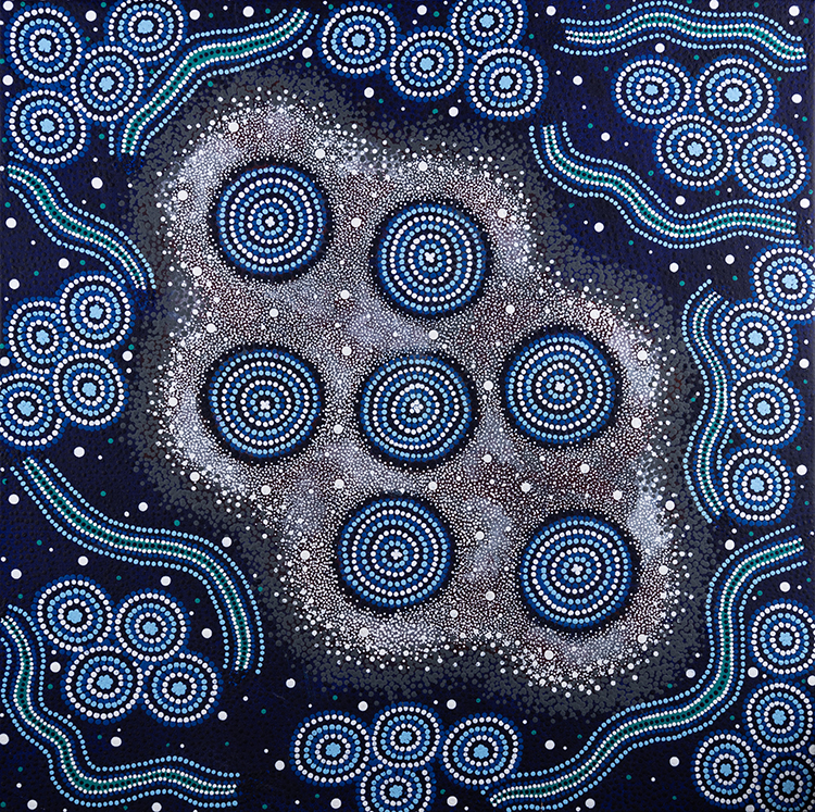 A square-shaped Wajarri Yamaji painting in traditional dot-painting style. A black background with the seven sisters star cluster represented in shades of blue and white as dotted circles, surrounded by a haze of smaller white dots. Around the seven sisters are smaller clusters of four stars in the same shades of blue and white and ribbon shaped dot motifs. 