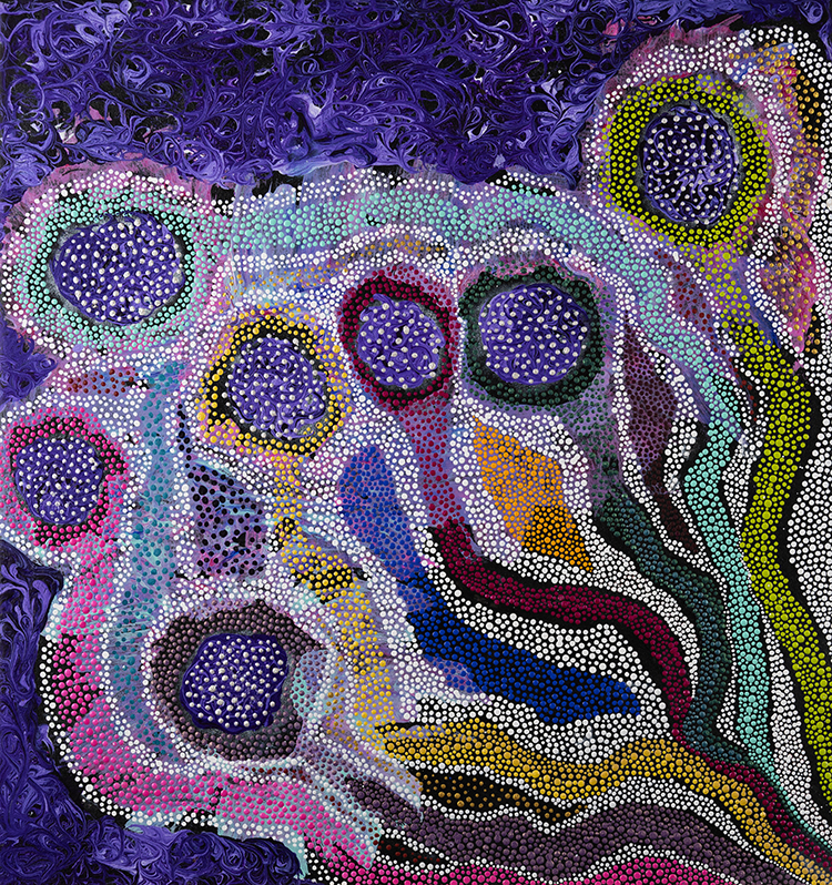 A square-shaped Wajarri painting in shades of purple with colourful features. The Seven Sisters star cluster represented as seven dotted circles in shades of purple surrounded by colourful ribbons extending to the bottom right of the painting. 