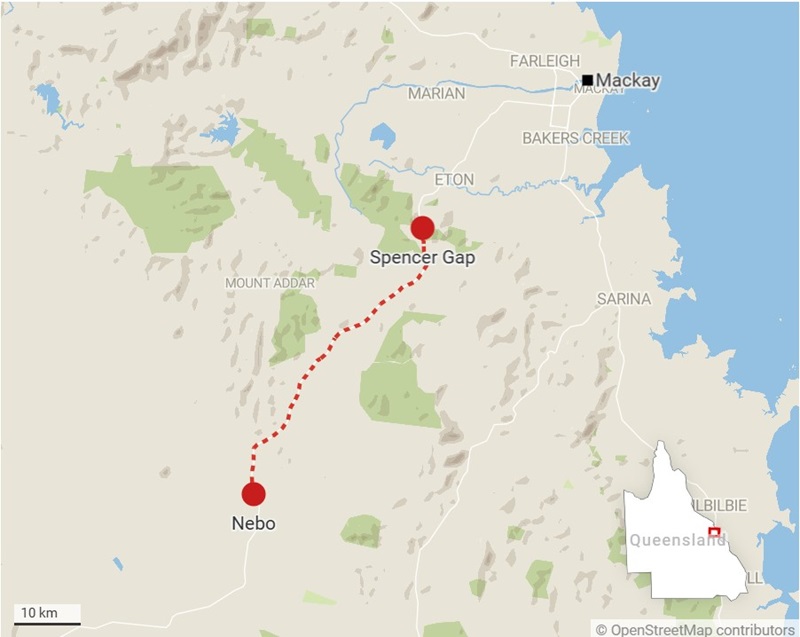 A map showing a dotted line between Spencer Gap and Nebo which is 51 kilometres in length.