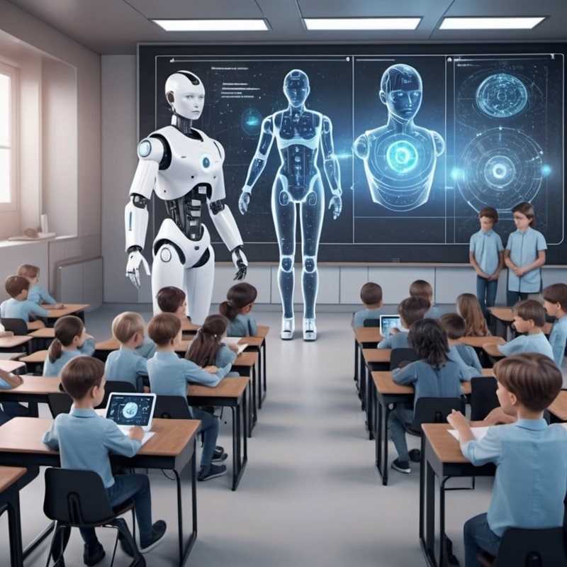 A classroom with a robot and a group of kids