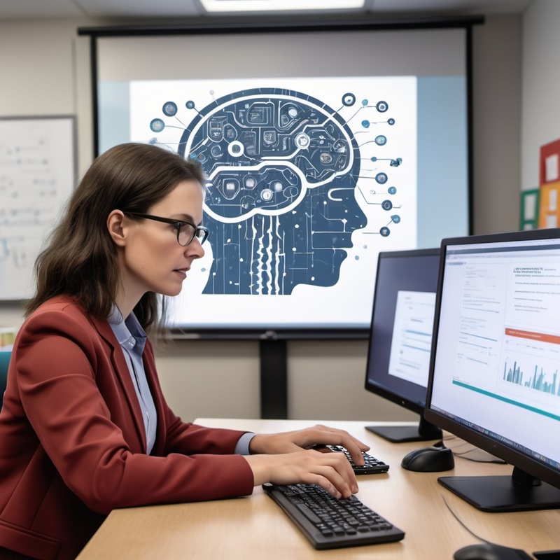 A person sitting at a desk with computer screens and a brain drawn on the wall in the background