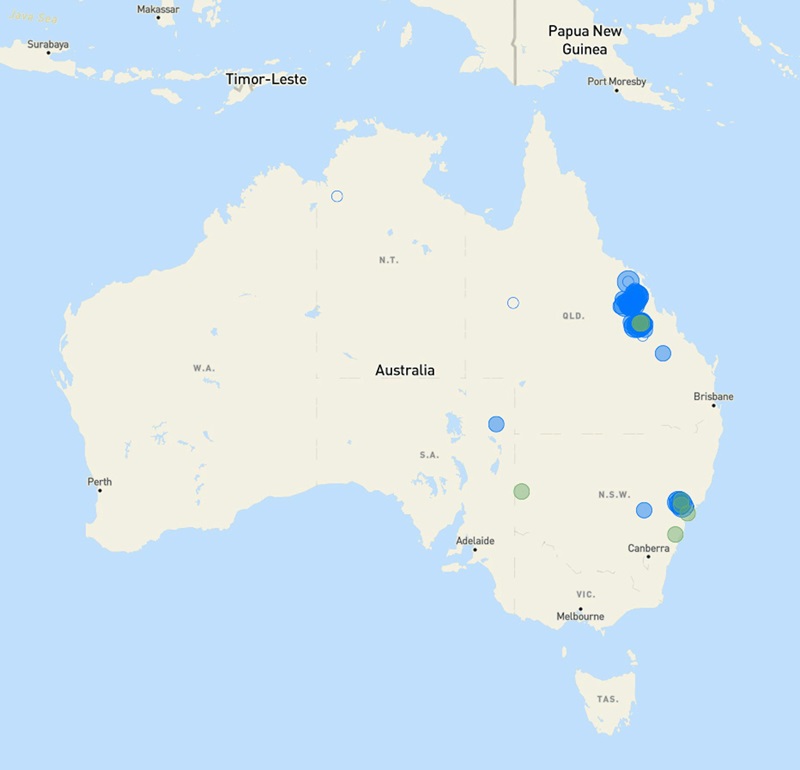 A map of Australia showing locations of methane hotspots in 2019.