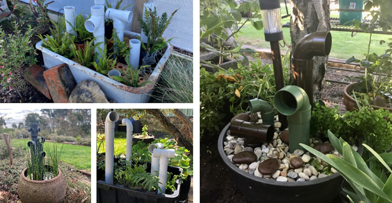 Photo montage showing four different frog hotels made using pots, pipes, plants and soil.