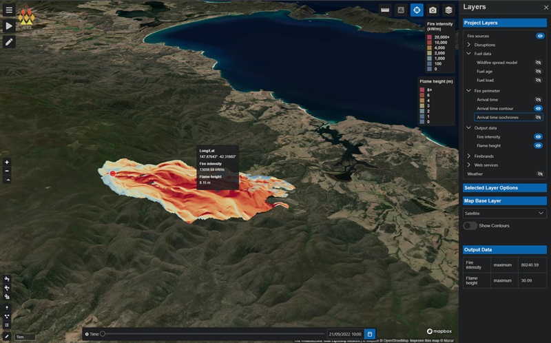 Spark software interface with a map of a fire area, color-coded for fire intensity, and a sidebar with project layers and data.