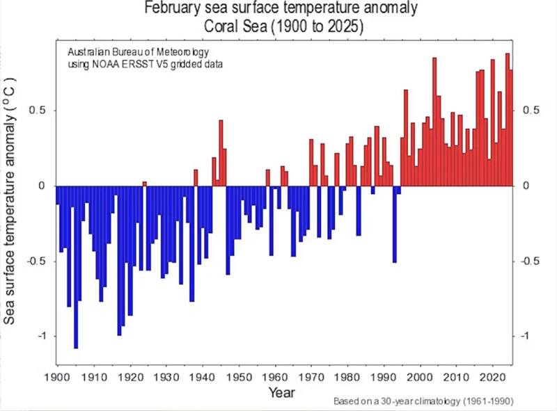 figure showing rising sea temperatures in february in coral sea.