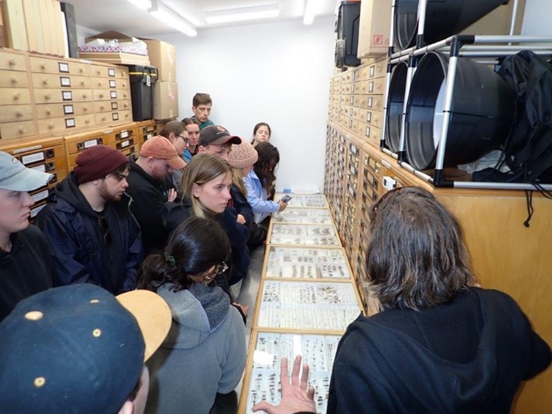 A group of students listens attentively as Dr Richard Glatz gestures toward insect display cases in a compact room filled with wooden specimen drawers.