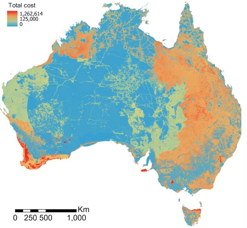 A map showing the variation in costs for introducing strategies to tackle threats to endangered species. Black areas indicate no cost (no threatened species occur there), while coloured areas represent costs in AUD per 1x1 km. The data was provided by the author.