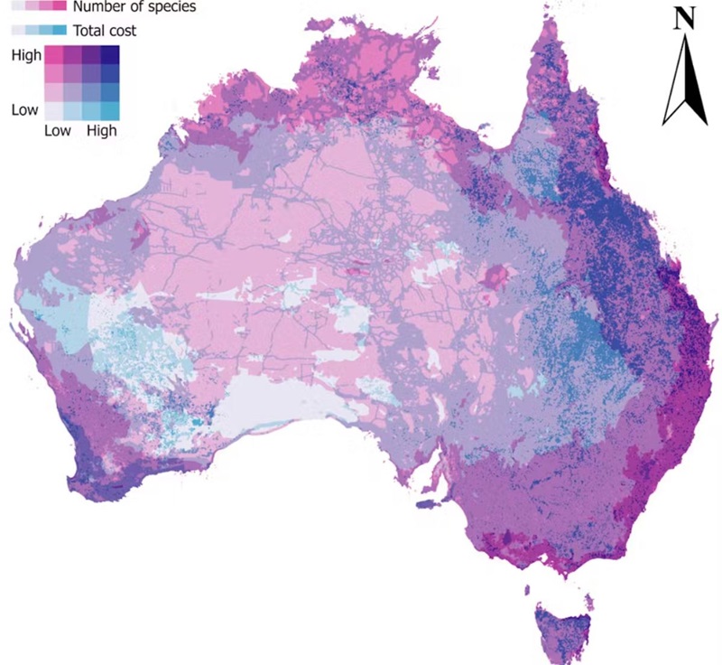  map comparing the cost of implementing repair strategies with the number of threatened species in a region. Paler areas indicate lower cost and fewer species, while dark purple areas represent high cost and a greater number of species. The data was provided by the author.