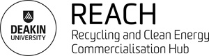 Deakin University Logo with accompanying text that reads REACH Recycling and Clean Energy Commercialisation Hub