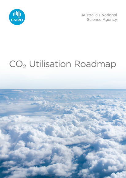 The front cover of CSIRO's CO2 Utilisation Roadmap showing the report title, CSIRO's logo and an image of clouds in a blue sky.