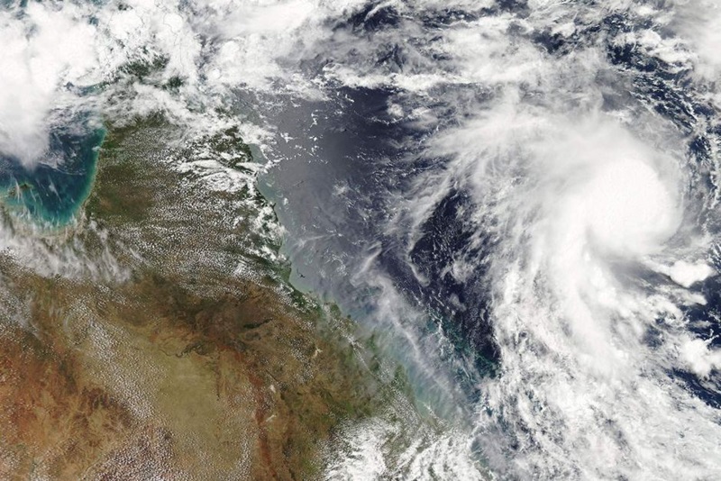 Satellite image showing cyclone and Queensland coast